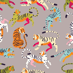 Seamless pattern with hand drawn exotic big cat tiger, in different colors, on light gray background. Colorful flat vector illustration - 579846565