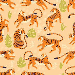 Fototapeta na wymiar Seamless pattern with hand drawn exotic big cat tiger, with tropical plants and abstract elements on light brown background. Colorful flat vector illustration