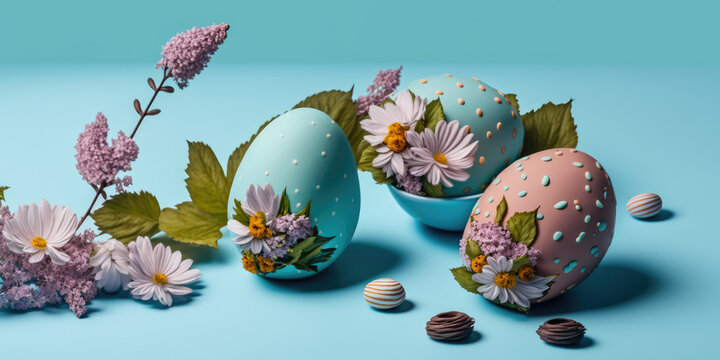 colorful easter eggs with flowers on blue background, generative ai