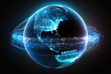 Obraz premium Neon planet Earth with lines of networks. AI generative.