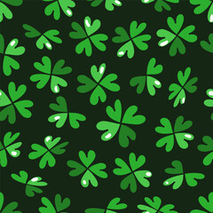 Seamless pattern with four leaf and three leaf clover. Doodle green shamrock isolated on dark green background. Hand drawn St. Patric's day symbol. Vector illustration