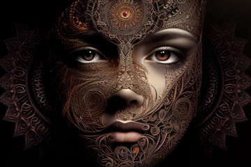 Gesicht einer Frau mit einer floralen Maske und Ornamenten aus Holz und Metall. KI generierter Inhalt. - obrazy, fototapety, plakaty