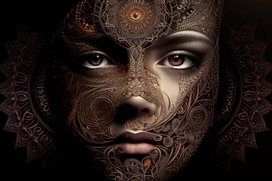 Gesicht einer Frau mit einer floralen Maske und Ornamenten aus Holz und Metall. KI generierter Inhalt.