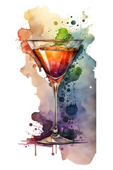Classic exotic cocktail glass. Watercolor illustration, Generative ai.