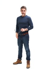 Fototapeta premium Full length portrait of happy casual older man smiling, Mid adult, mature age guy standing, isolated on white background.
