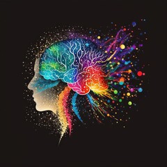 A digital illustration of the human brain with rainbows, glitter and sparkles, representing Autism, creativity, and neuro diversity. Generative AI.