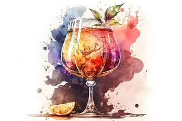 Classic exotic cocktail glass. Watercolor illustration, Generative ai.