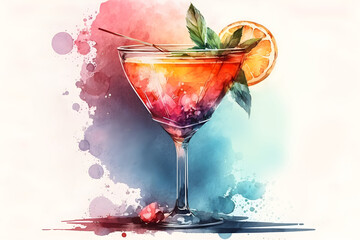 Classic exotic cocktail glass. Watercolor illustration, Generative ai.
