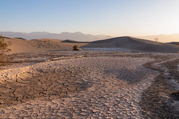 Panoramic sunrise view on Mesquite Flat Sand Dunes in Death Valley National Park, California, USA....