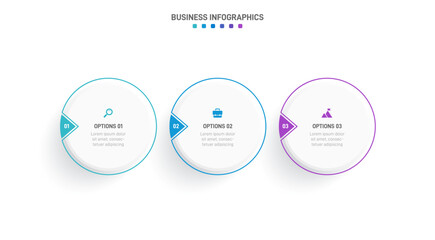 Timeline infographic with infochart. Modern presentation template with 3 spets for business process. Website template on white background for concept modern design. Horizontal layout.