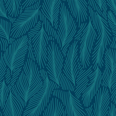 Winter linear botanical pattern. Line illustration with Christmas tree branches and leaves on dark blue background. Pine needles texture © Morena
