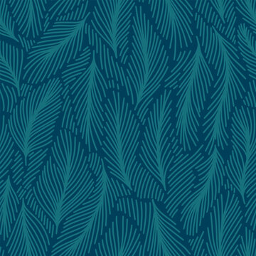 Winter linear botanical pattern. Line illustration with Christmas tree branches and leaves on dark blue background. Pine needles texture