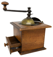 Vintage wooden coffee grinder on transparent background