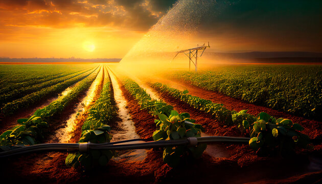 Irrigation system on agricultural soybean field, rain gun sprinkler on helps to grow plants in the dry season, increases crop yields. Landscape beautiful sunset. Generative AI