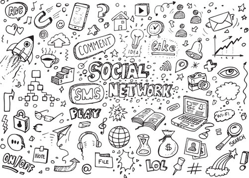 Social network hand drawn doodles, vector illustration on white background