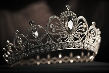 Diamond silver tiara details. Golden crown with jewels. Sparkling jewelry princess queen.