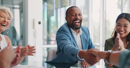 Handshake, partnership and business people applause in meeting for business deal, onboarding and welcome. B2b, collaboration and team of workers with success, victory and celebration of agreement - Powered by Adobe
