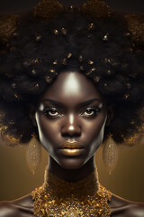 Afro American fashion model with gold makeup and gold accessories.  Fictitious person. AI generated image