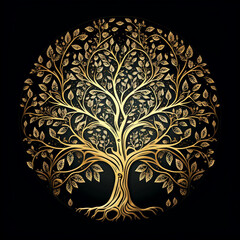 Golden Tree of Life over Black Background Banner Illustration , Sacred Tree Circular Shape, Generative AI