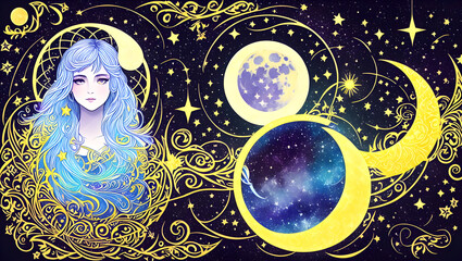 background with woman and magic moon for celestial alchemy astrology Generative AI