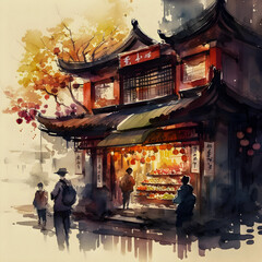 Watercolor painting of a traditional Chinese shop in a bustling quarter, Generative AI