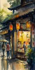 Naklejka premium Watercolor painting of a traditional Chinese shop in a bustling quarter, Generative AI