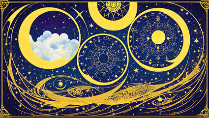 colorful background with esoteric symbols stars and clouds Generative AI