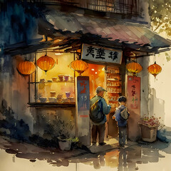 Watercolor painting of a traditional Chinese shop in a bustling quarter, Generative AI