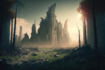 Forest in front of and destroyed ruins city after the apocalypse in background. Generative AI