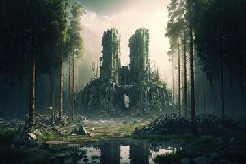 Forest in front of and destroyed ruins city after the apocalypse in background. Generative AI - obrazy, fototapety, plakaty