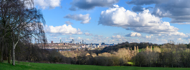 A wide panoramic view showing the whole of Leeds city center  and its skyline ,UK