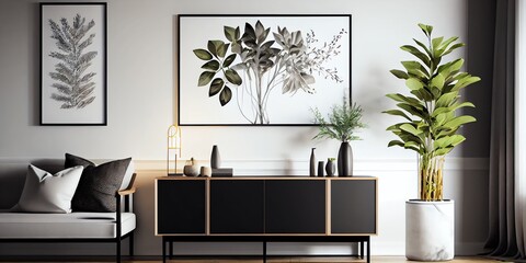 Modern Living Room Interior With Table, Sideboard And Decoration. Mockup Frame. Generative AI