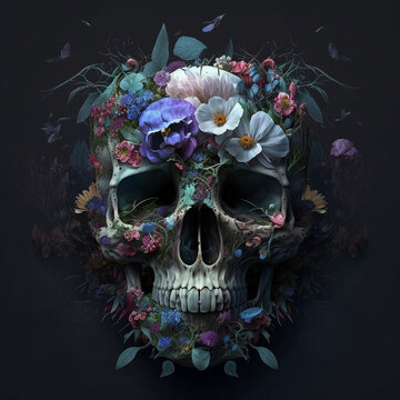 The skull gazed out from the darkness, its empty eye sockets seeming to peer into the soul. The flowers on its head added a touch of life to the otherwise macabre image, creating a mesmerizing display