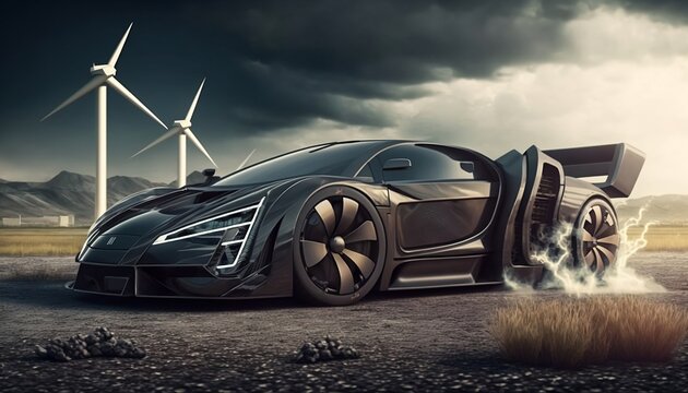 Generative AI art of electric hypercar representing the future 