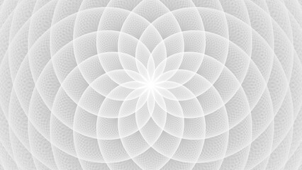 White abstract geometric flower wallpaper background. Elegant minimal subtle light grey shadow sacred geometry mandala packaging or display backdrop. Technology or luxury concept 3D fractal rendering. - obrazy, fototapety, plakaty