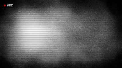 Retro CCTV or VHS video white noise background texture transparent overlay with red recording indicator. Vintage horizontal scanlines, vignette border. Grungy distressed horror film backdrop 8k 16:9.