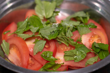Homemade tomato and basil salad at home
