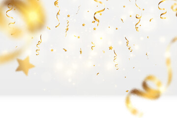 Golden confetti falls on a beautiful background. Falling streamers on stage.
