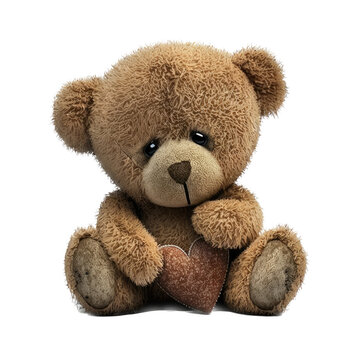isolated brown cuddly teddy bear with a heart illustration, spring illustration, PNG, Transparent Background, vertical, horizontal, cute stuffed animal, generative ai