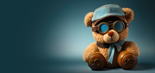 Retro teddy bear toy in a blue hat and vintage glasses on a blue background. Isolated, free space for text copy.