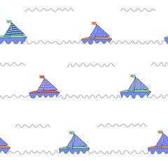 Colored boats in the sea seamless pattern. Ships on the waves repeated ornament. Different textures sails. Vector illustration for textile, fabric, wallpaper, kids stuff, nursery, background, wrapper.