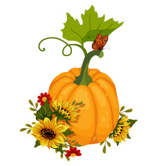 Ripe pumpkins with sunflower flowers, autumn leaves.Vector graphics.