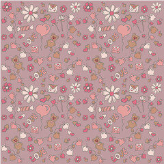 seamless pattern with flowers retro valentine's day,teddy bear,garland of hearts,chamomile,flower,letter,candy,love,peak,chirva,tenderness,glamour,cupid