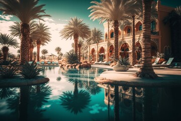 Unleashing Unreal Engine 5: The Ultimate Beach Resort Experience with Hyper-detailed Epic Composition, Ultra-Wide Angle, & Beautifully Color-coded Palm Trees , Generative ai - obrazy, fototapety, plakaty