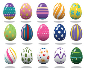 Ilustración vectorial de diferentes y coloridos huevos de pascua en estilo 3d, cada uno con un diseño diferente, archivo editable