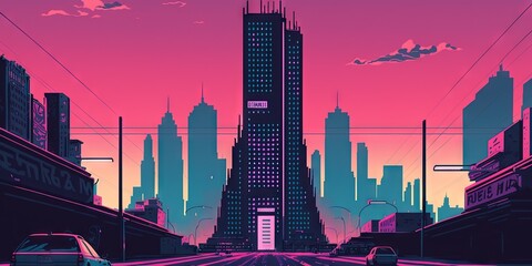 Panoramic cityscape in cyberpunk futuristic style. Towering skyscrapers in neon retrowave colors. Generative AI 
