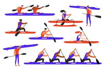Canoe sprint characters set. Atheletes paddling racing canoe C1, C4, kayak K1 K2,  paracanoe va'a boat . Vector flat illustration. EPS10