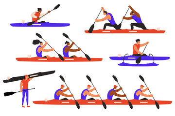 Canoe sprint sportsmen set. Atheletes paddling racing canoe, kayak, paracanoe va'a kayak . Vector flat illustration. EPS10