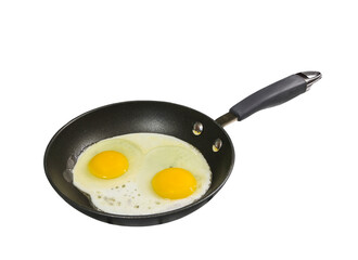 Eggs sunny side up cooking in frying pan with cut out background.