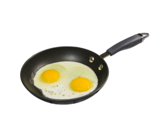 Eggs sunny side up cooking in frying pan with cut out background.
